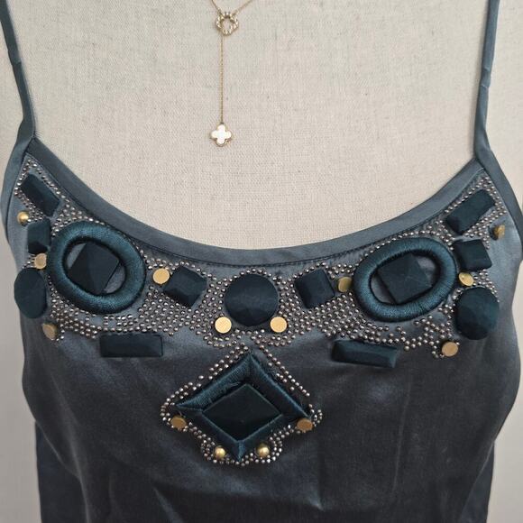 women Y2K 100% Silk Embellished Cami Tank Top Size 38 Teal Blue Boho Glam Beaded - Picture 4 of 9